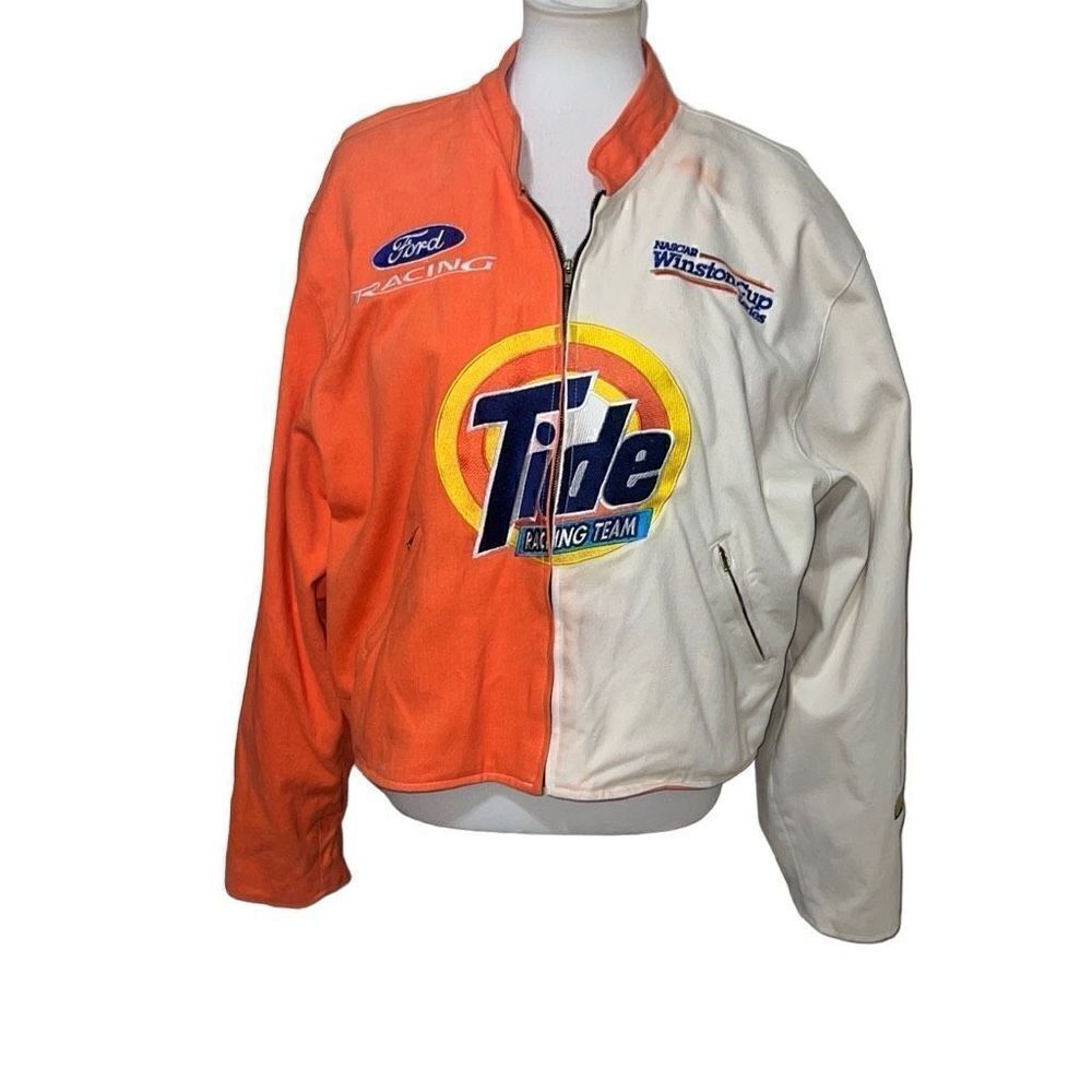 NASCAR Jeff Hamilton VTG Tide Embroidered Racing Coat Orange White Zip XL READ